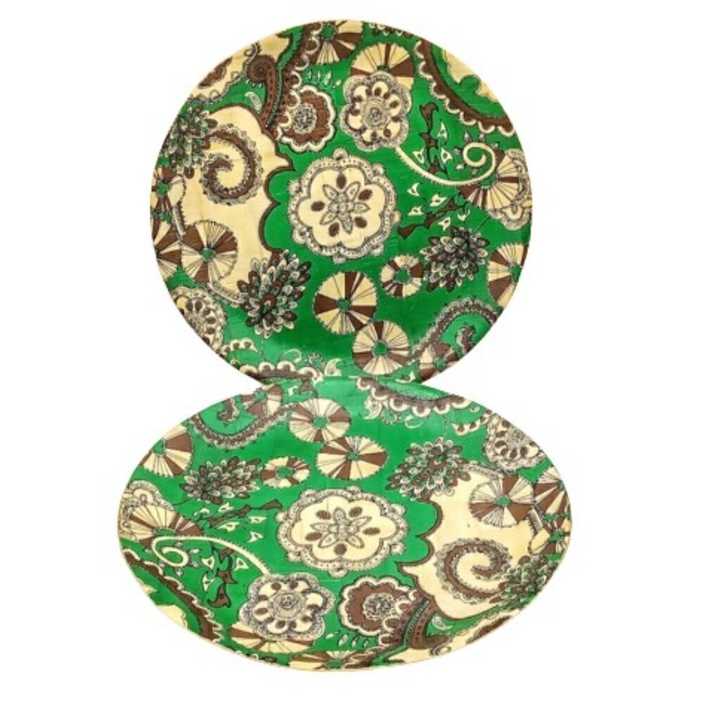 Set of 2 Brown Green 13-Inch Round Bamboo Trays